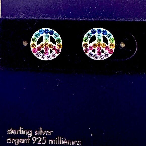 Sterling Silver Rainbow Crystal Peace Sign Claire’s Stud Earrings - Picture 1 of 3